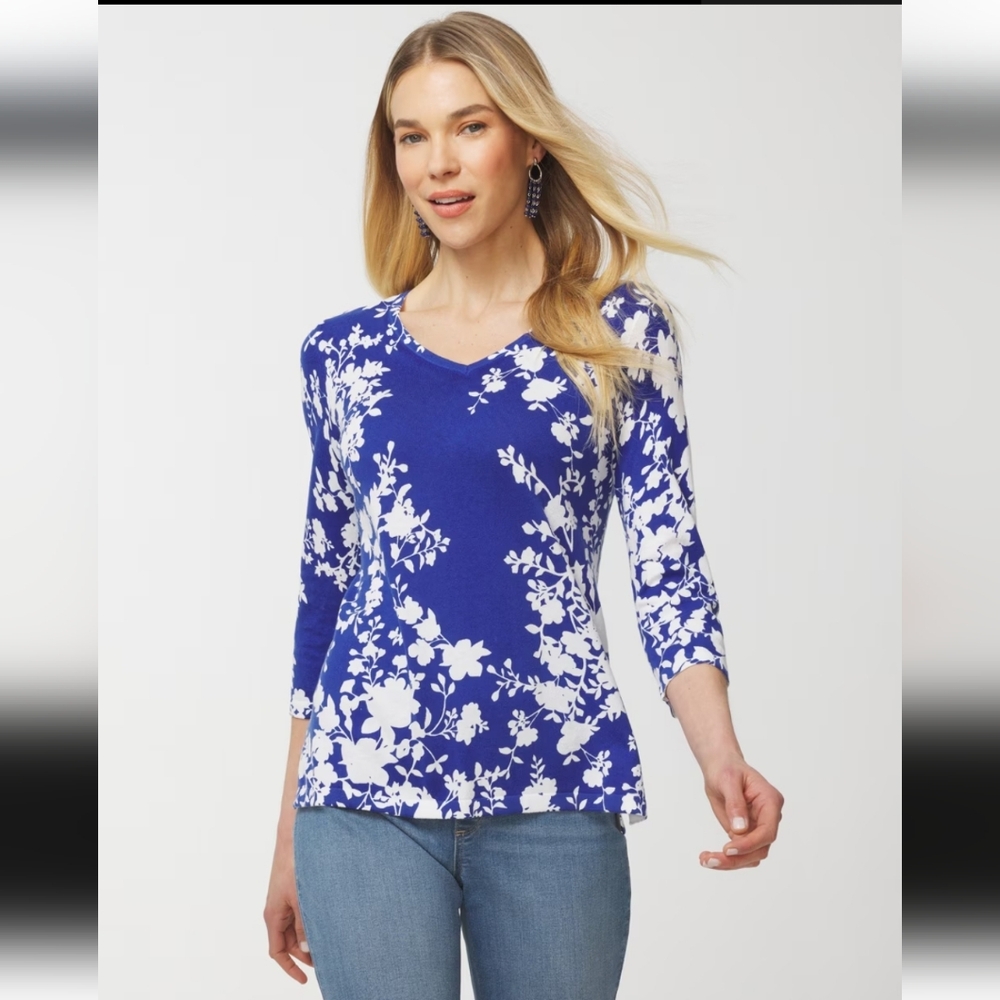 Chico's BRIGHT FLORAL tunic LIGHTWEIGHT SWEATER brand new V-NECK bright blue 💙